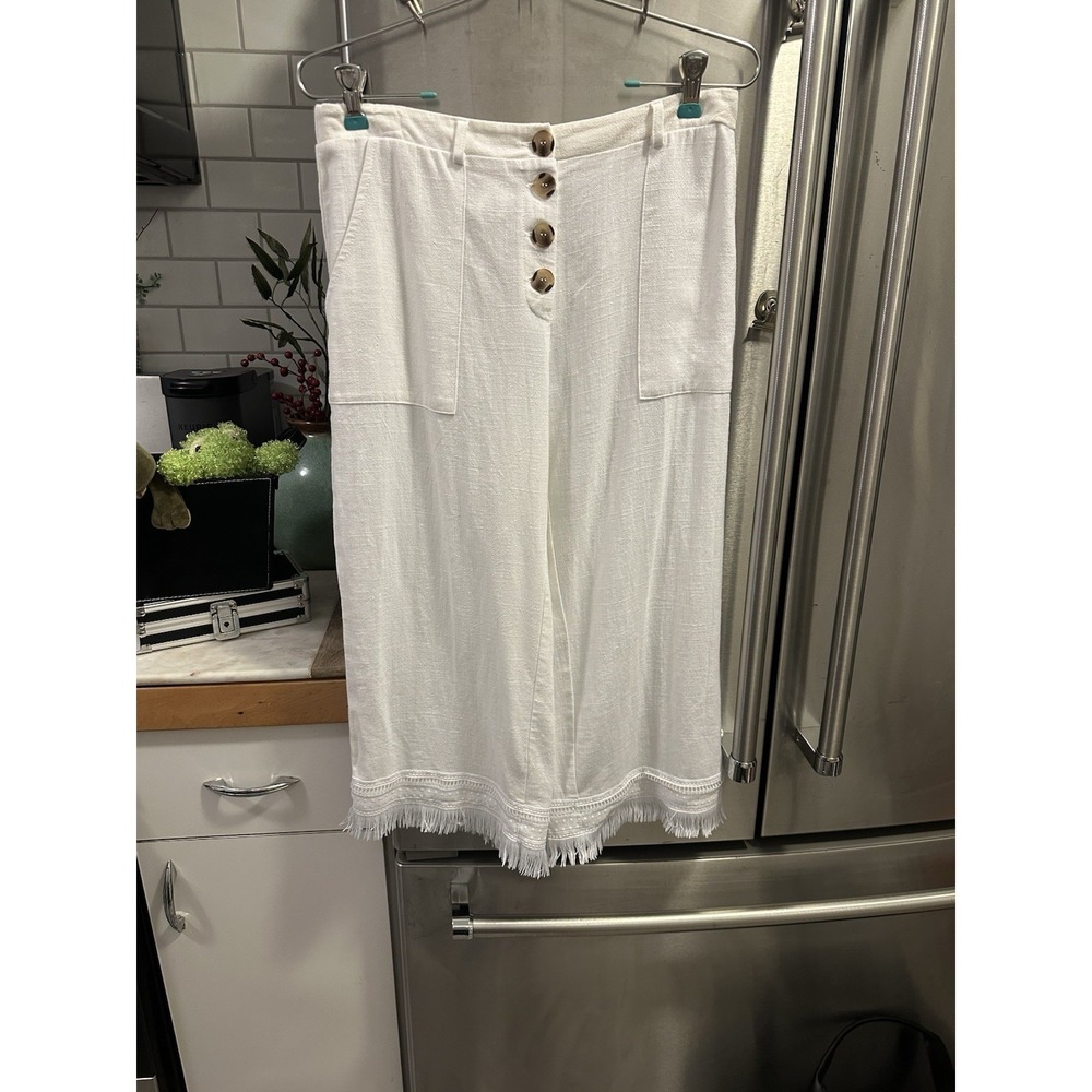 Goucho Linen Wide Leg Pants SzL Elastic Waist In Back Cream Colored